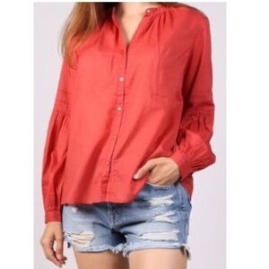 Ulla Johnson Tija Peasant Blouse Coral Red Boho Bohemian Ruffle Button Up Blouse